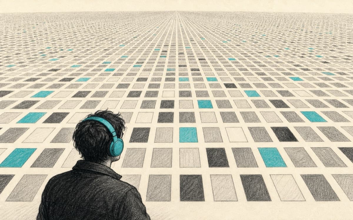 A graphite illustration of a listener facing an endless field of albums