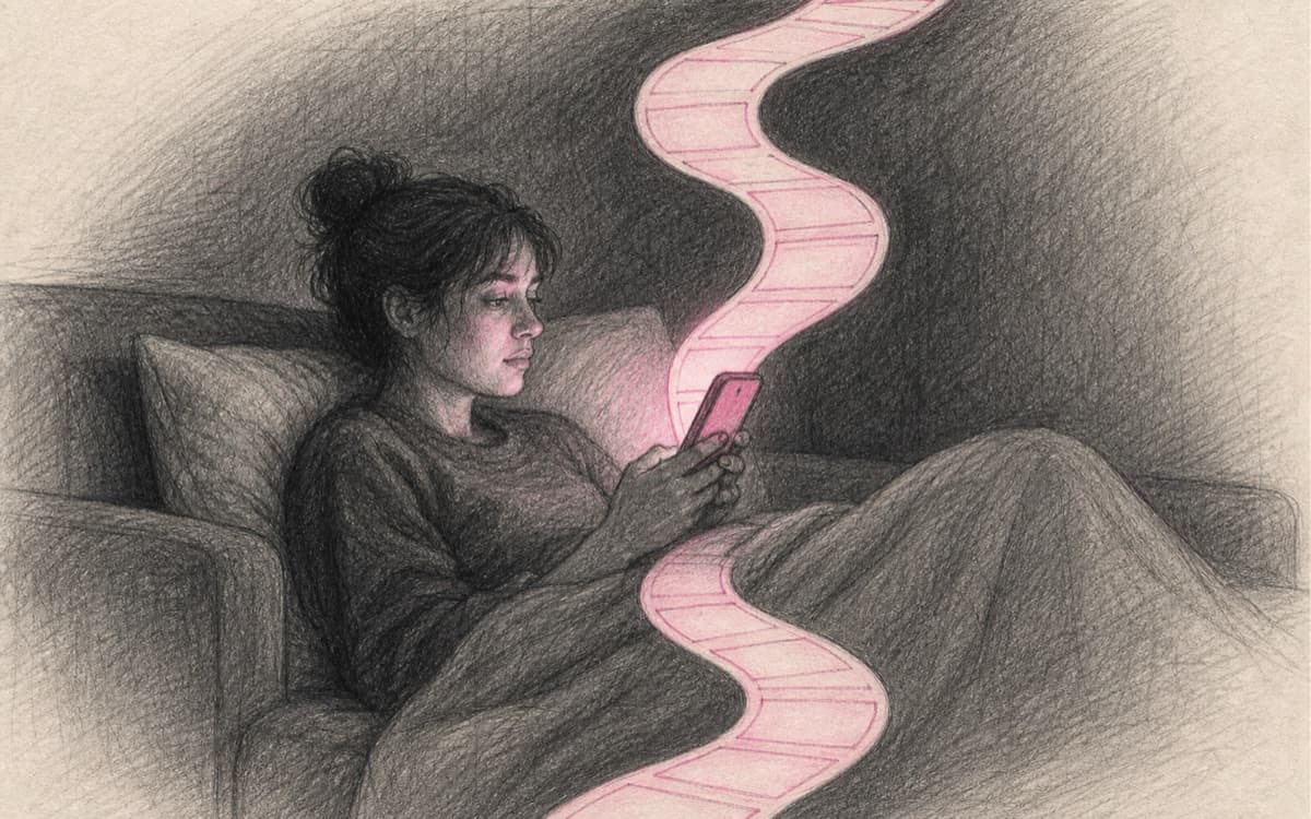 A graphite illustration of an endless pink feed flowing from a phone