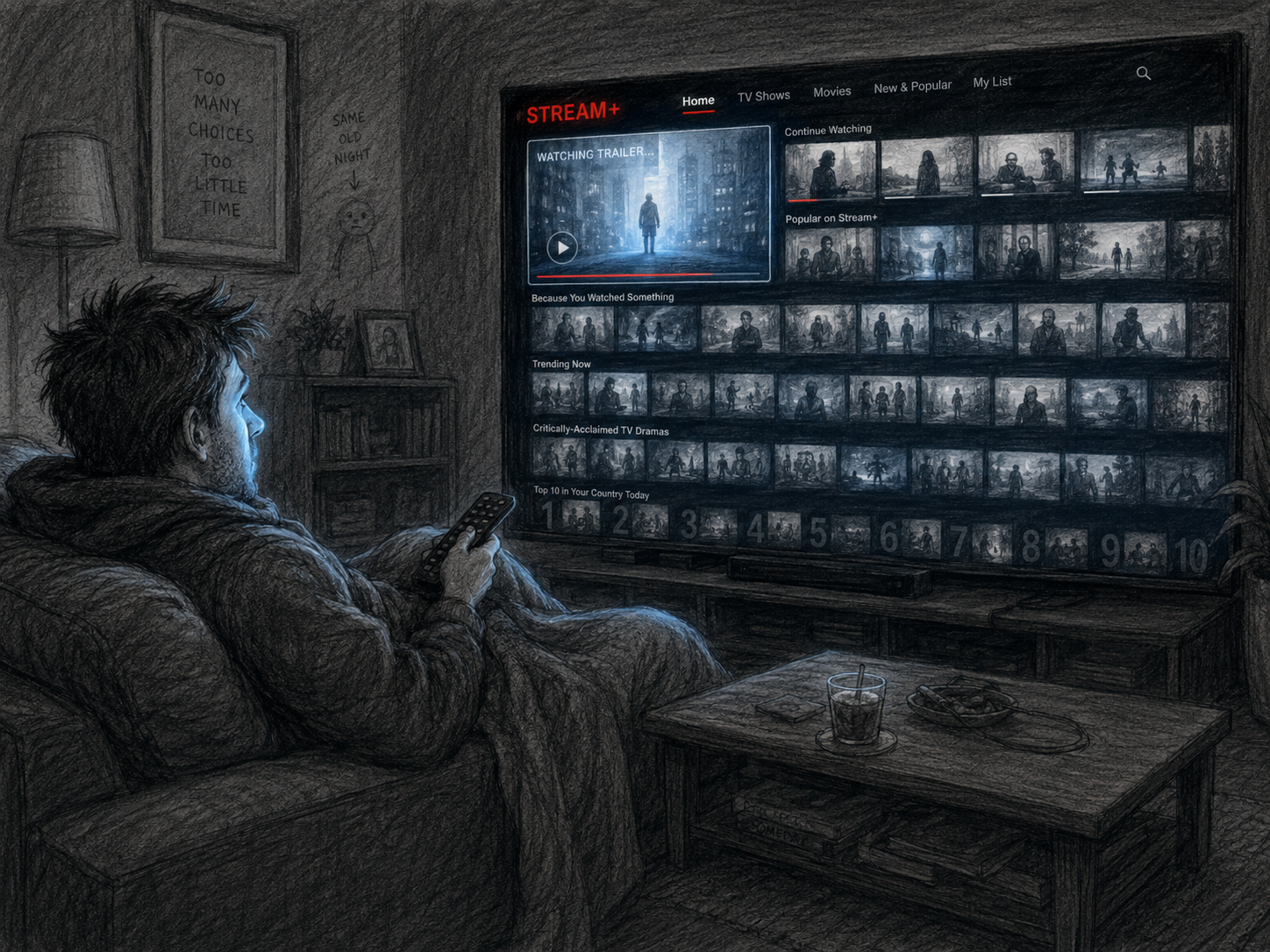 A streaming menu overwhelming a Friday night movie decision