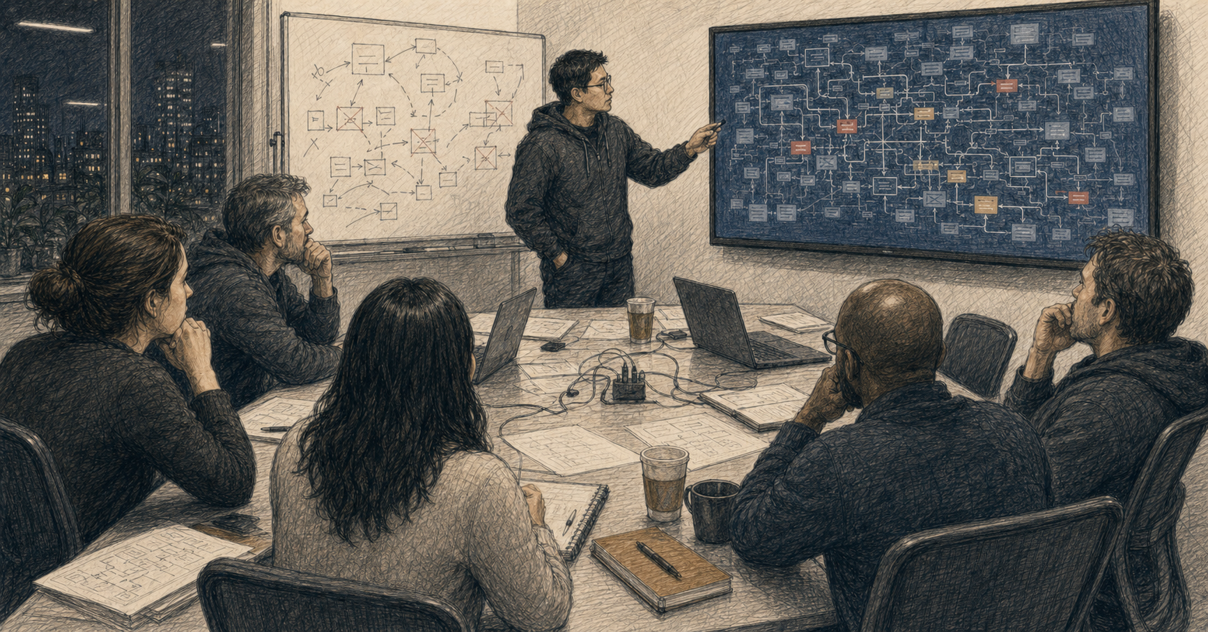 An imagined software-company leadership team confronts a failing system whose services and automated workflows no one fully understands.