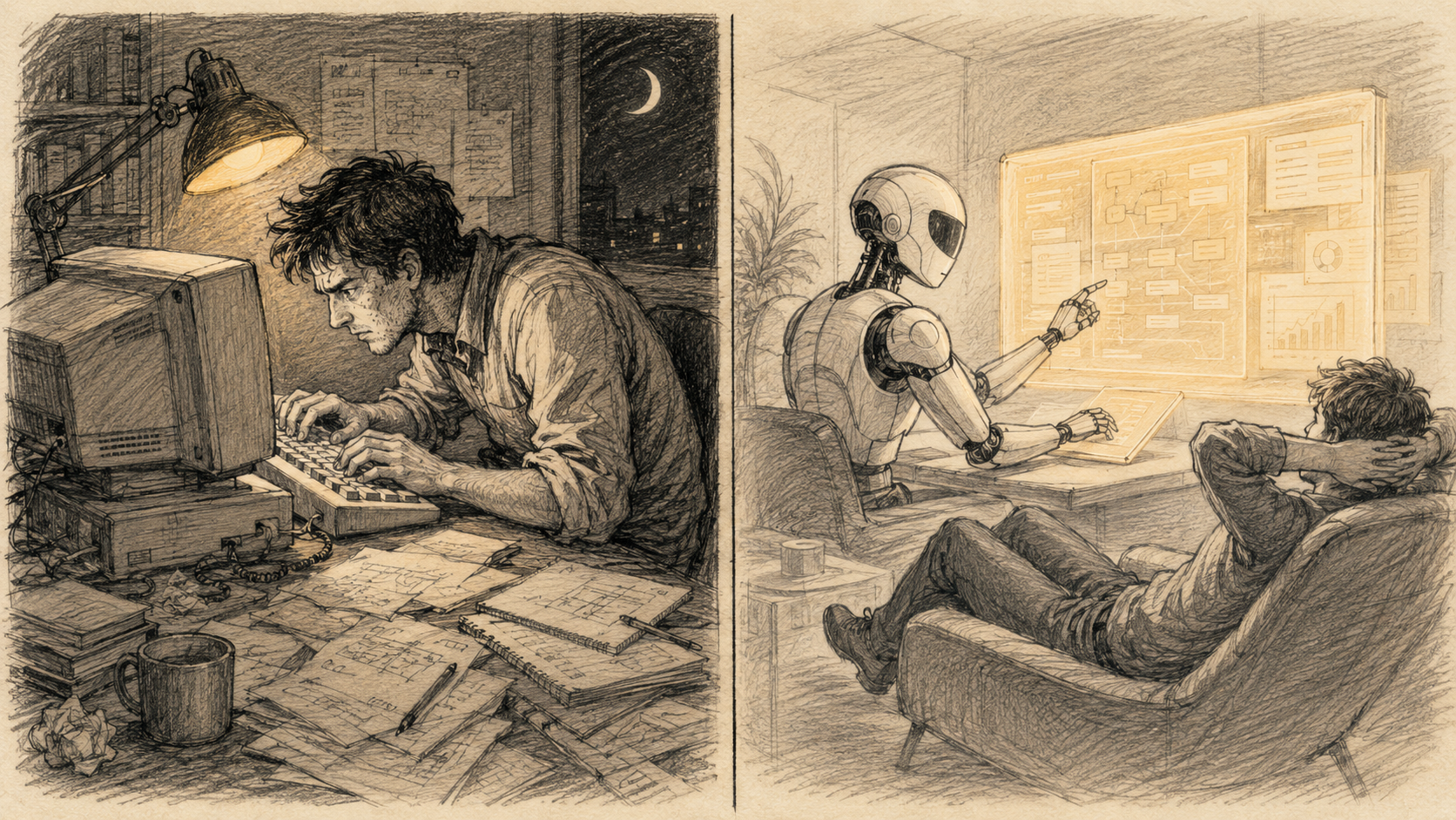 Two-panel pencil illustration contrasting formative struggle with delegated abundance