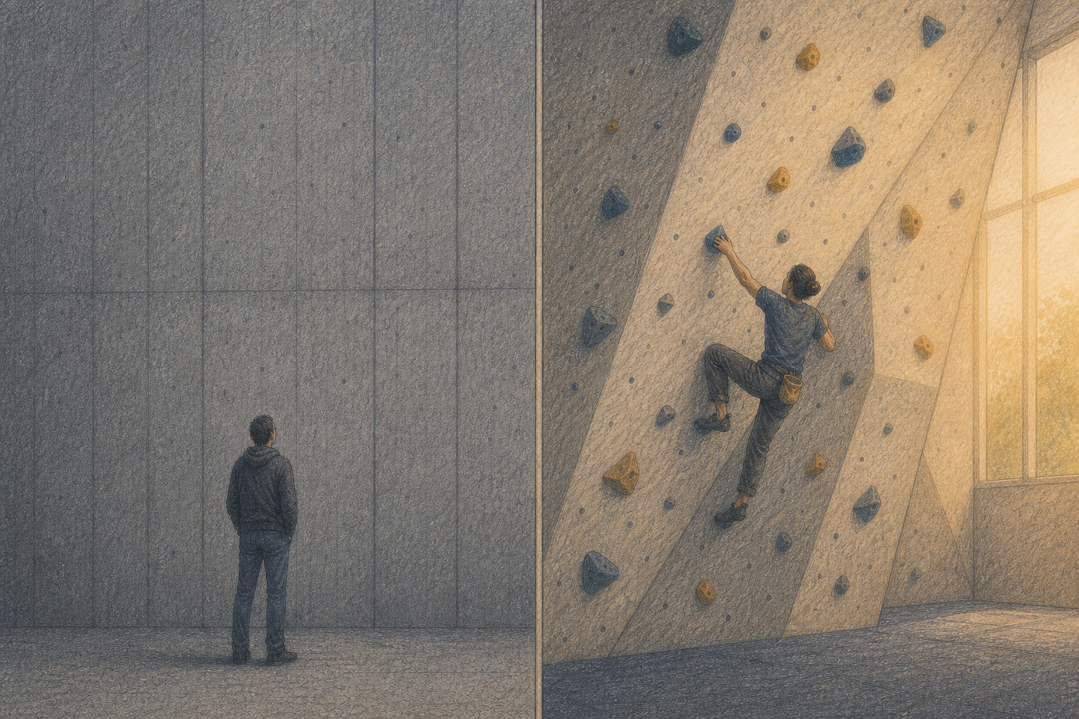 A person is stopped by a sheer institutional wall beside a climber actively ascending a wall built as a challenge.