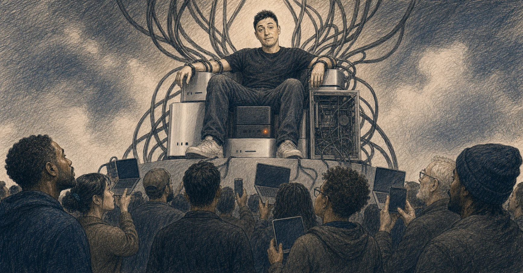 A presenter sits on a throne assembled from AI computers above a crowd carrying ordinary laptops, while cables bind the throne and its occupant together.
