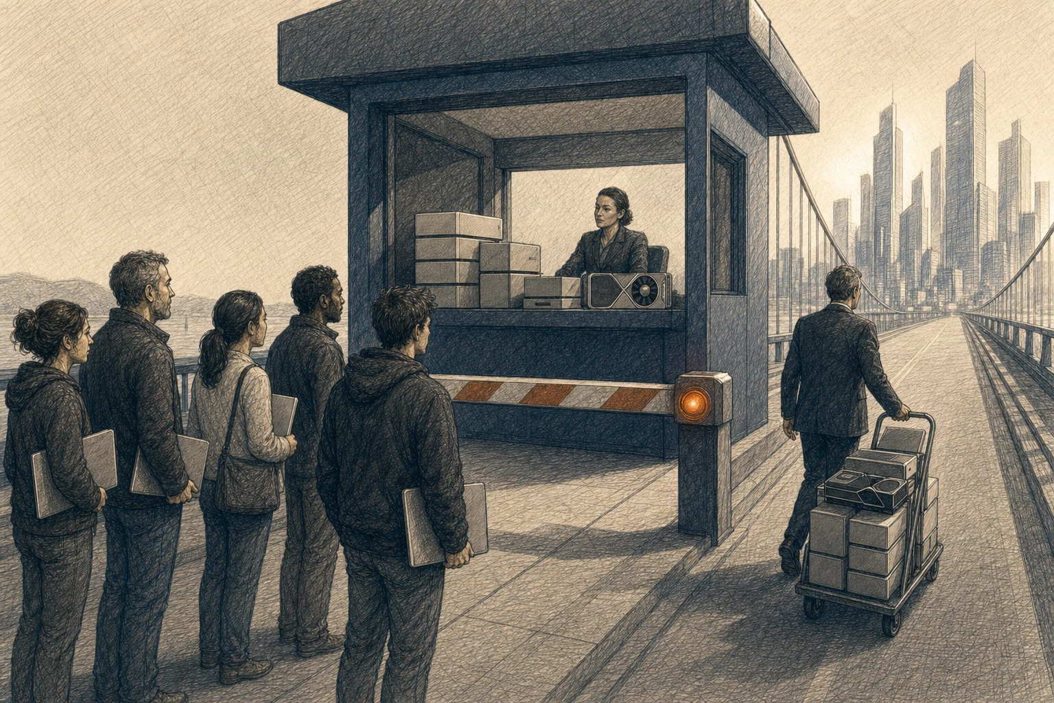 People carrying ordinary laptops wait at a tollbooth blocking a bridge to a bright city while expensive computer hardware serves as the price of passage.