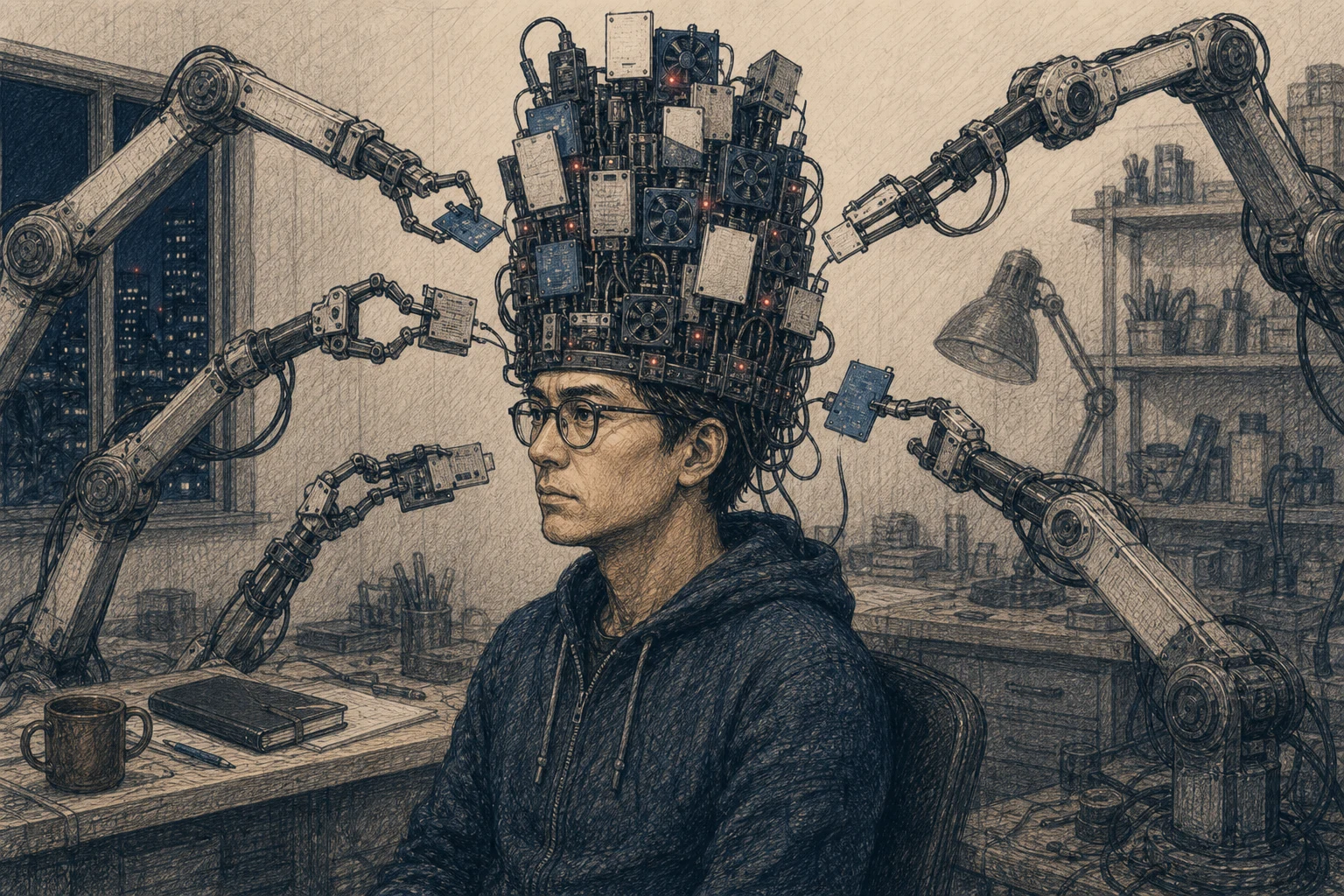 A person stands motionless beneath a growing crown of computers while mechanical arms continuously remove old components and attach new ones.